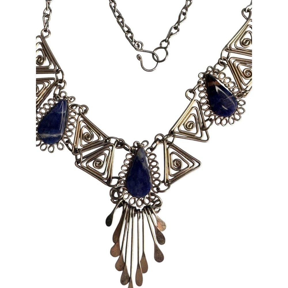 Vintage Silver Necklace Blue Lapis Lazuli Teardrops Intricate Triangle Design 18 - Picture 2 of 6